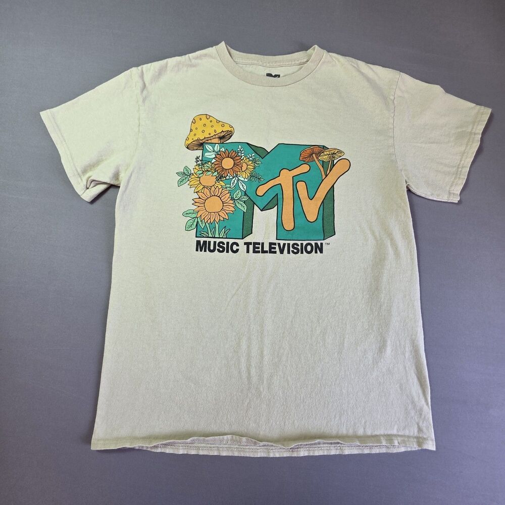 MTV Music Television Graphic T 100% Cotton Sz M Oatmeal Color Flower / Mushroom